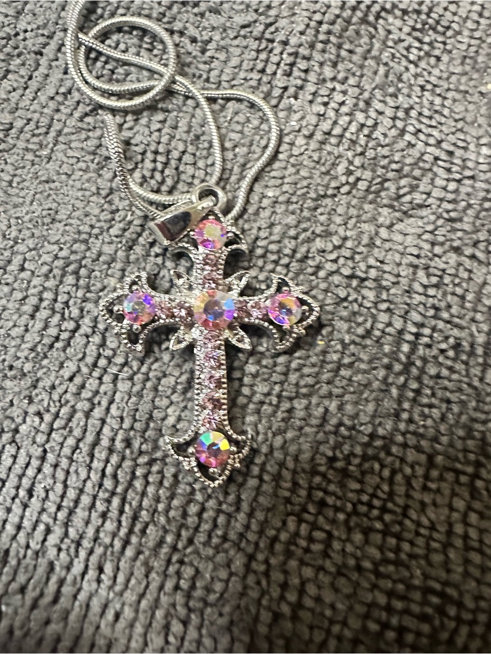 Silver-Tone Cross Necklace with Pink Iridescent Crystals